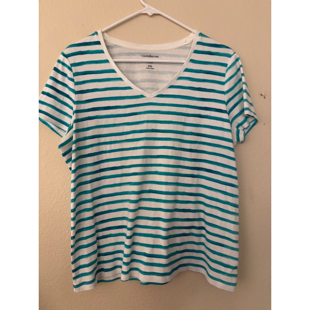 Croft & Barrow Classic Tee Womens XXL White Teal Striped V-Neck Cotton 
A1207